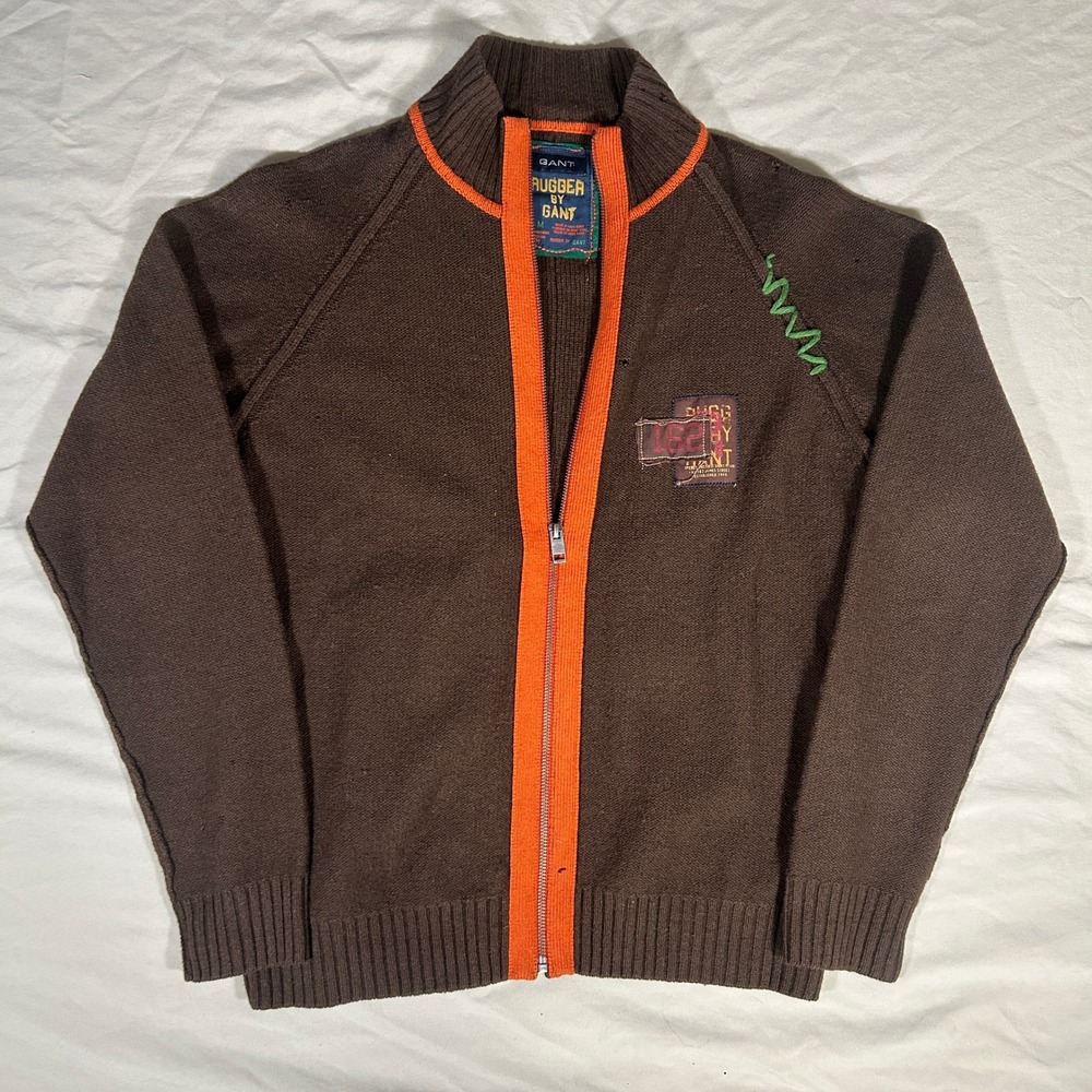 Rugger by Gant Mens Brown 100% Lambswool Full Zip Cardigan Sweater Size M
